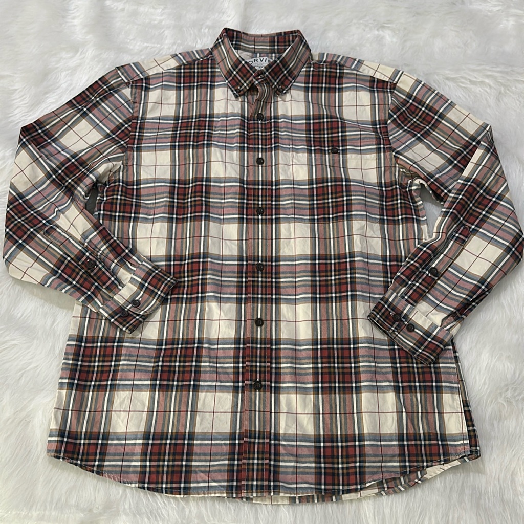 Orvis Brown Orange Plaid Long Sleeve Button Down Shirt Size Medium